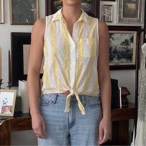 BeachLunchLounge White and Yellow Sleeveless Button Down Shirt with Tie Front